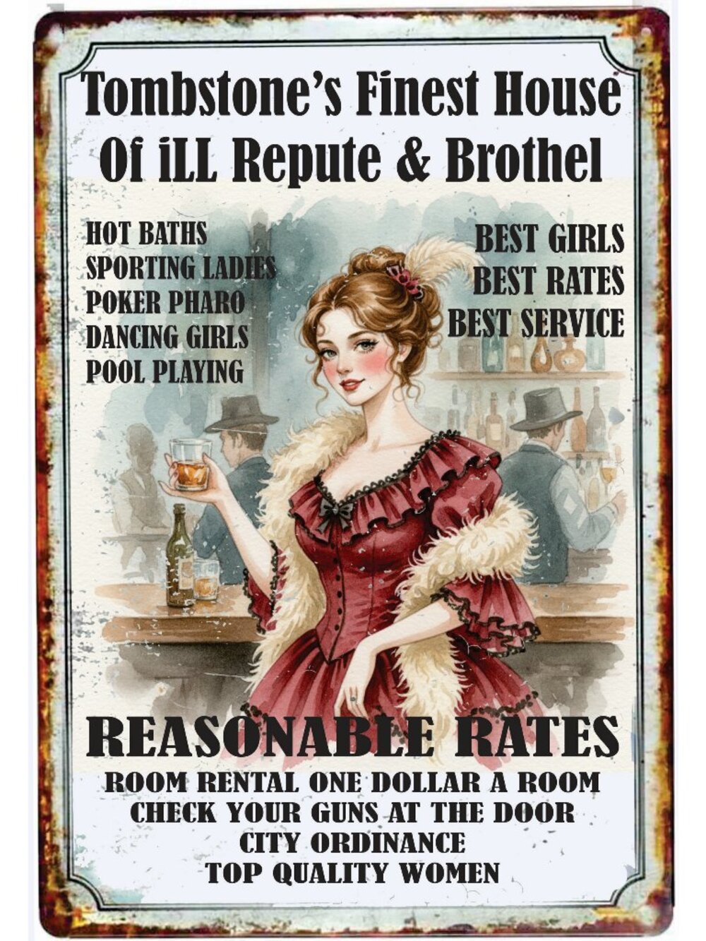 Tomgstone's House Of Ill Repute and Brothel Fun Old West Tin Sign 8 x 12